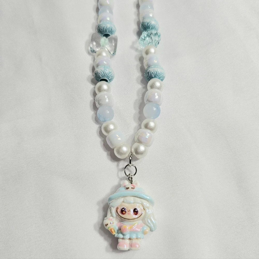 Cute Pastel Blue Girly Dainty Elegant Beaded Labubu Phone Charm or Wrist Strap